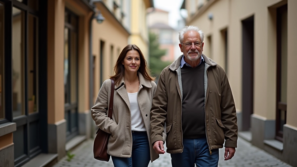 Elderly man with companion on errands in town