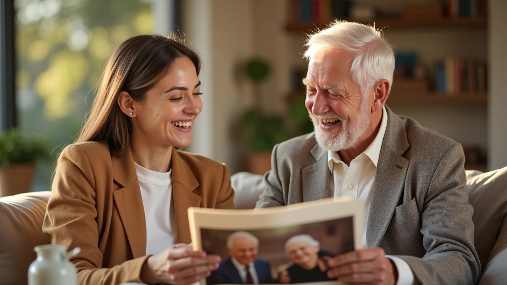 Senior and companion enjoying time together looking at photographs in home