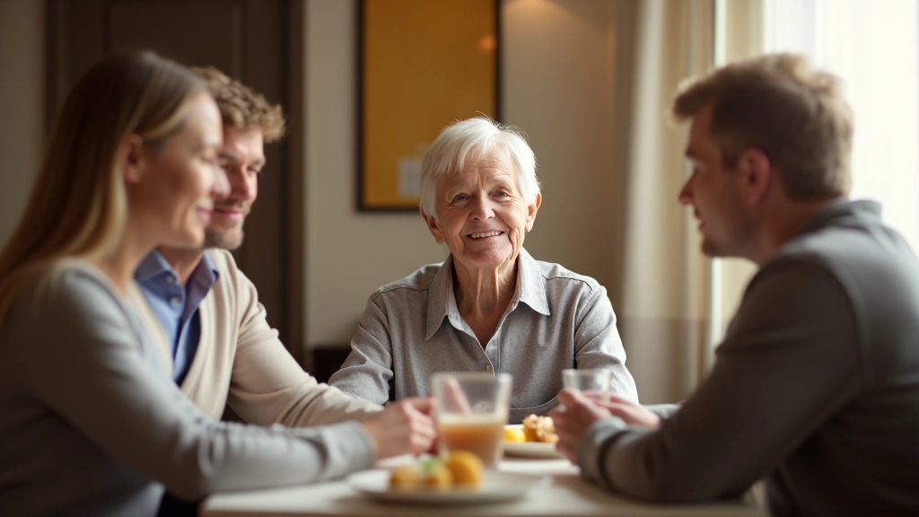 Family discussion at a dining table with older parent and adult children, having a calm conversation about care options with warm lighting