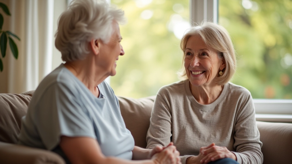 Caregiver and senior having a friendly conversation in a comfortable home setting