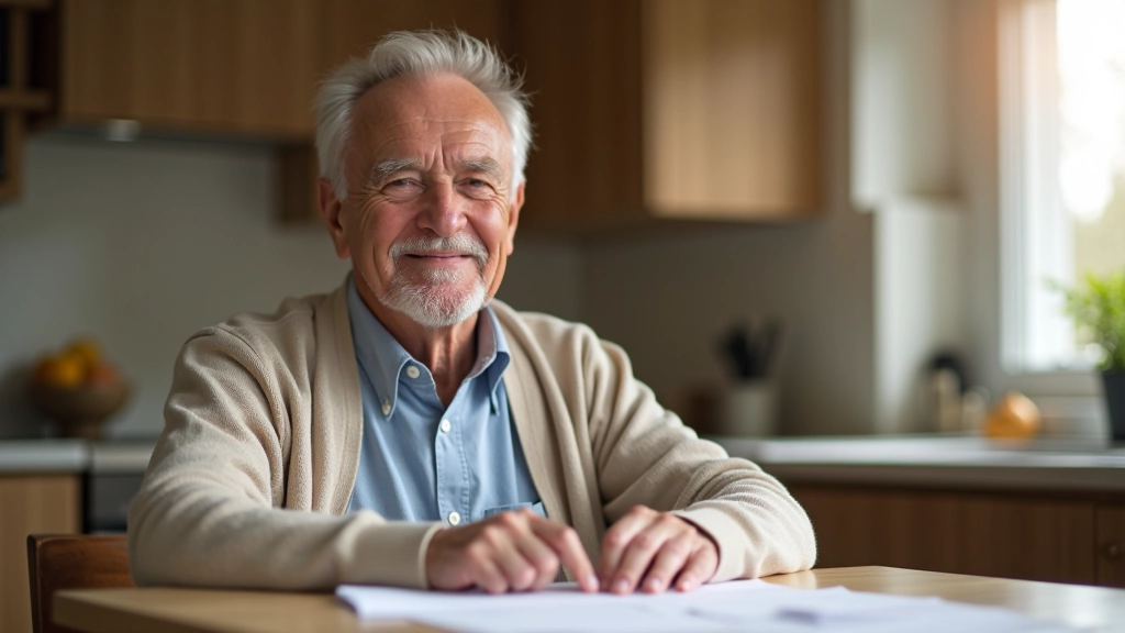 Older man sitting at a kitchen table with a companion, both smiling while reviewing documents and planning activities together in a comfortable home setting