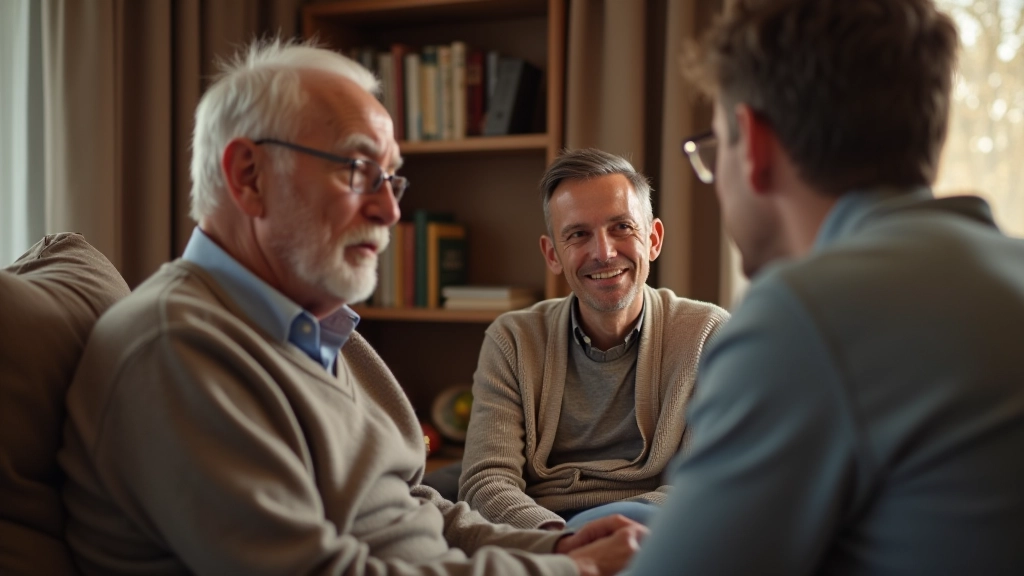 Older man and companion sitting together in comfortable living room, engaged in friendly conversation
