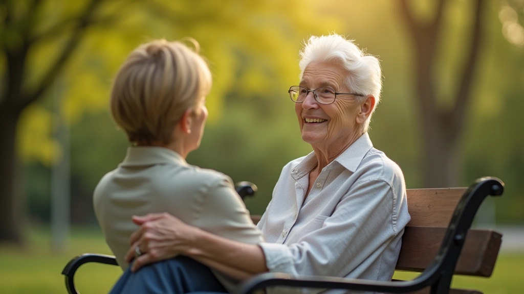Two people sitting on bench outdoors in natural light, companion listening attentively to older person sharing conversation