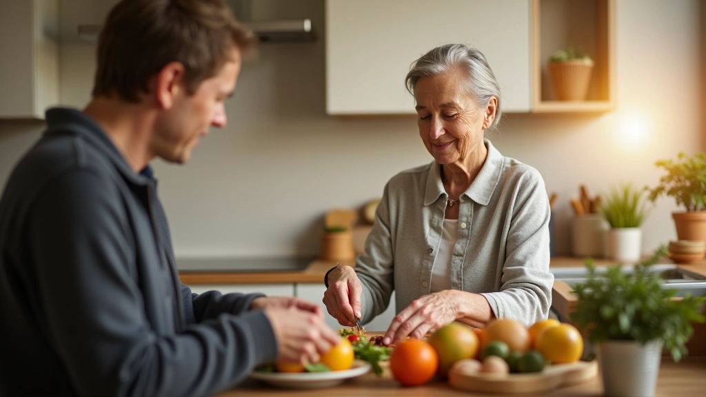Older woman and companion preparing meal together in bright kitchen, natural light from window, warm interaction