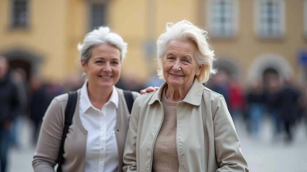 Older woman out and about in community, engaged and smiling while exploring local area with companion