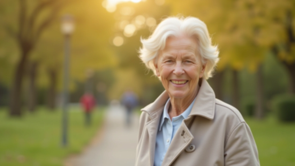 Older woman and companion walking together through a park on a sunny day, both smiling, showing active engagement and social connection