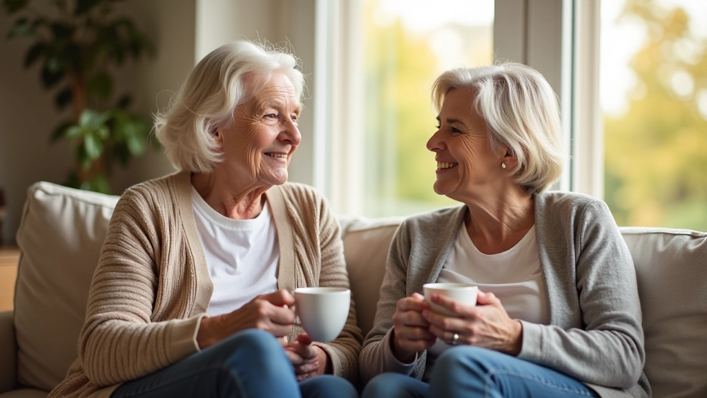 Older woman and trained companion sitting together in bright living room, having conversation over tea
