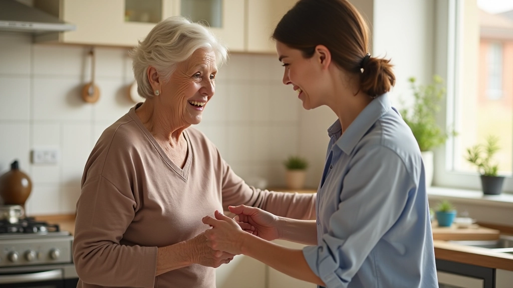 Older woman smiling warmly while receiving support from a companion in a bright home kitchen, showing trust and comfort during daily activities