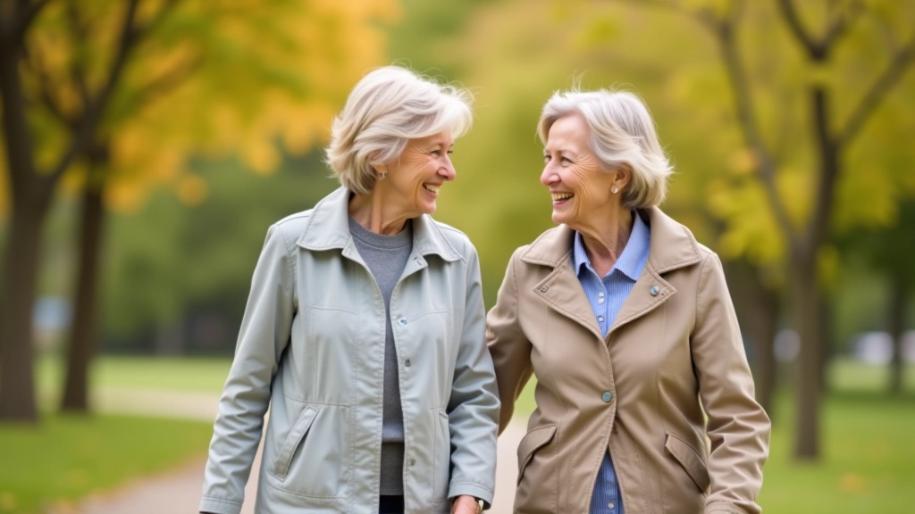 Older woman and companion walking together outdoors on a pleasant day