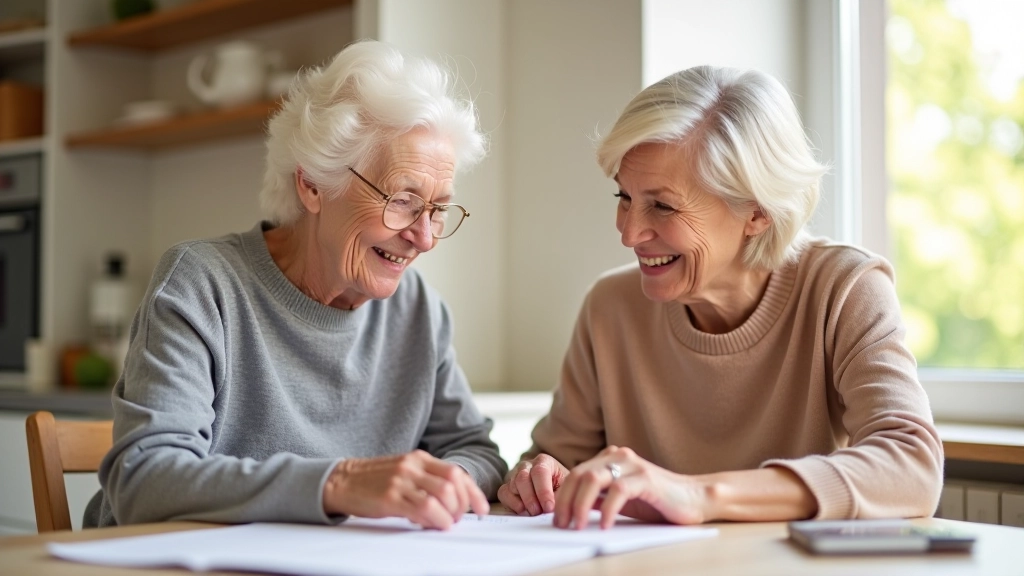 Senior and companion planning activities together, looking at calendar or discussing options in comfortable home setting