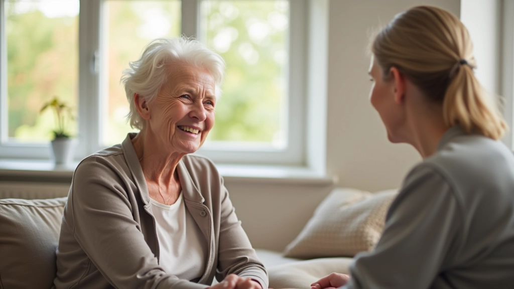 Senior engaged in meaningful conversation with companion in home setting, both smiling naturally